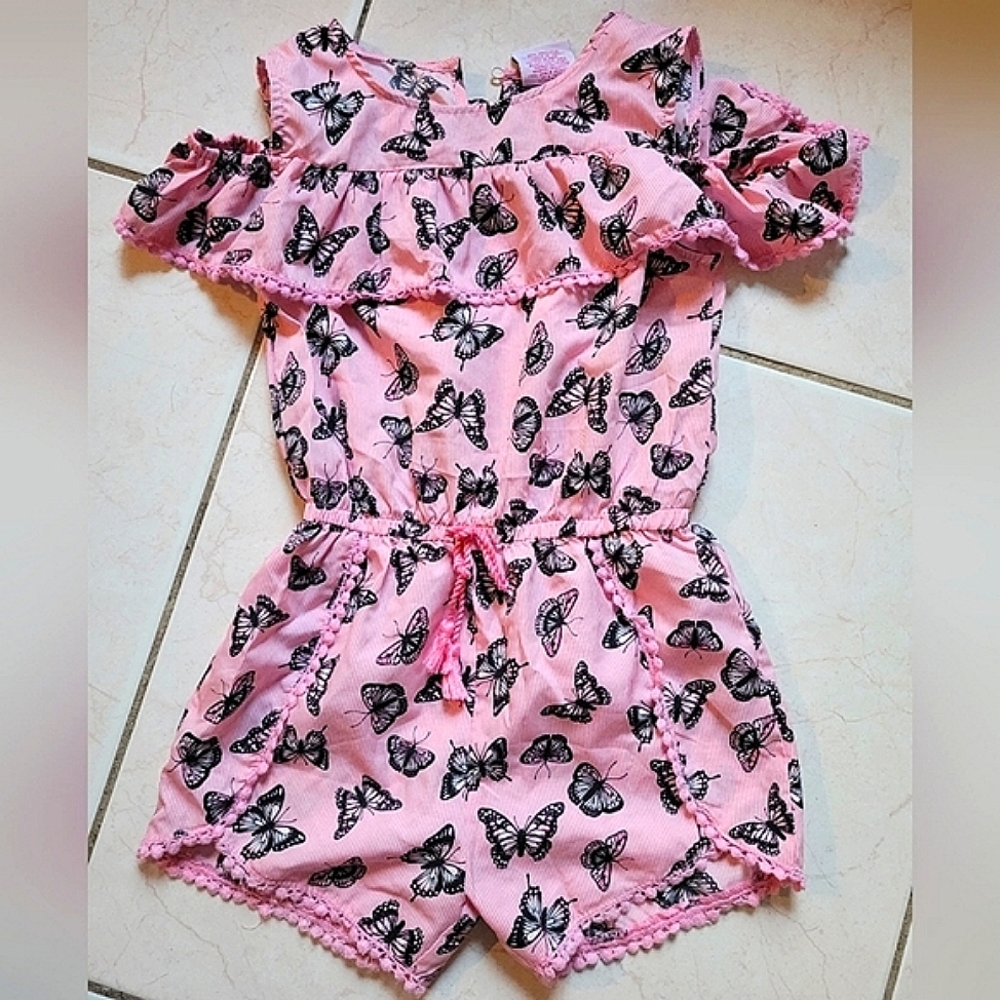 Pink and Black Bodysuit with Butterfly Print and Ruffle Sleeves Size 6
